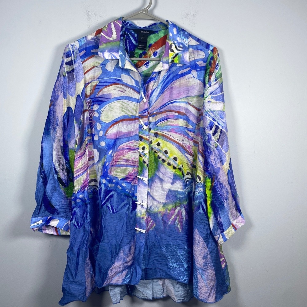 Ali Miles Button Up Tunic Womens Small Blue Artsy Abstract Butterfly Teacher Top